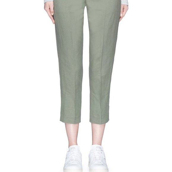 VINCE Linen Blend Cropped Twill Pants Casual Sage Khaki Green Capri 4 - Picture 4 of 6